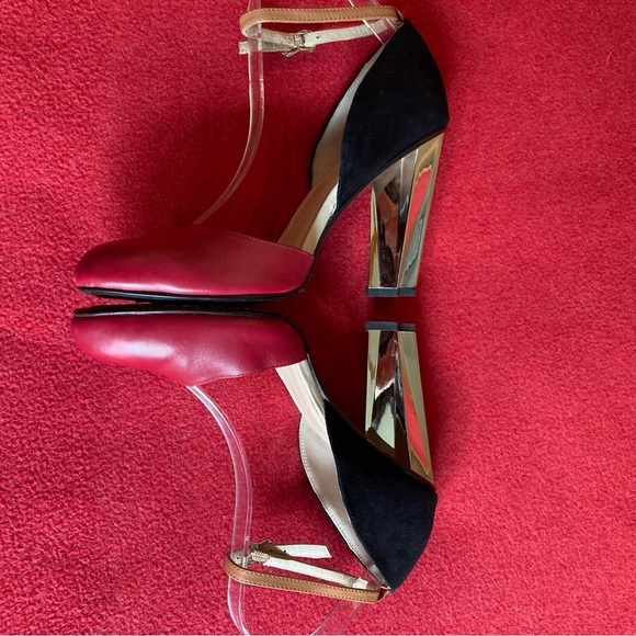 UNITED NUDE Sz 40 Rounded Toe Leather Suede Ankle Strap Golden Heel Shoes Heels - Picture 5 of 10